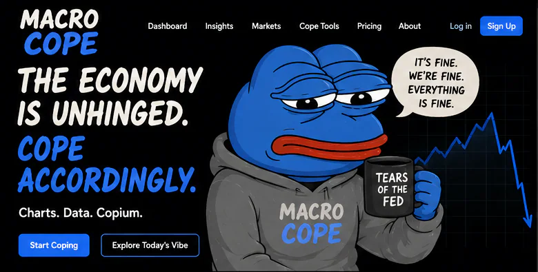Blue Macrocope holding a Tears of the Fed mug in front of a falling chart.