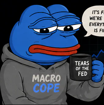 Blue Macrocope character holding a Tears of the Fed mug.