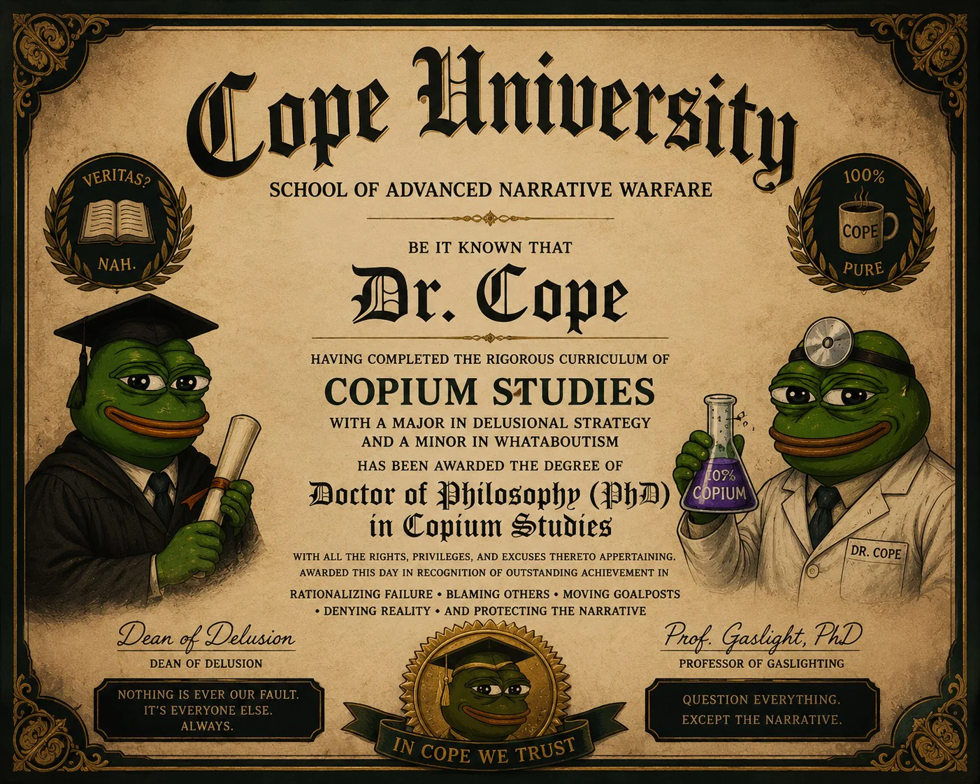 A satirical Cope University certificate in Copium Studies.