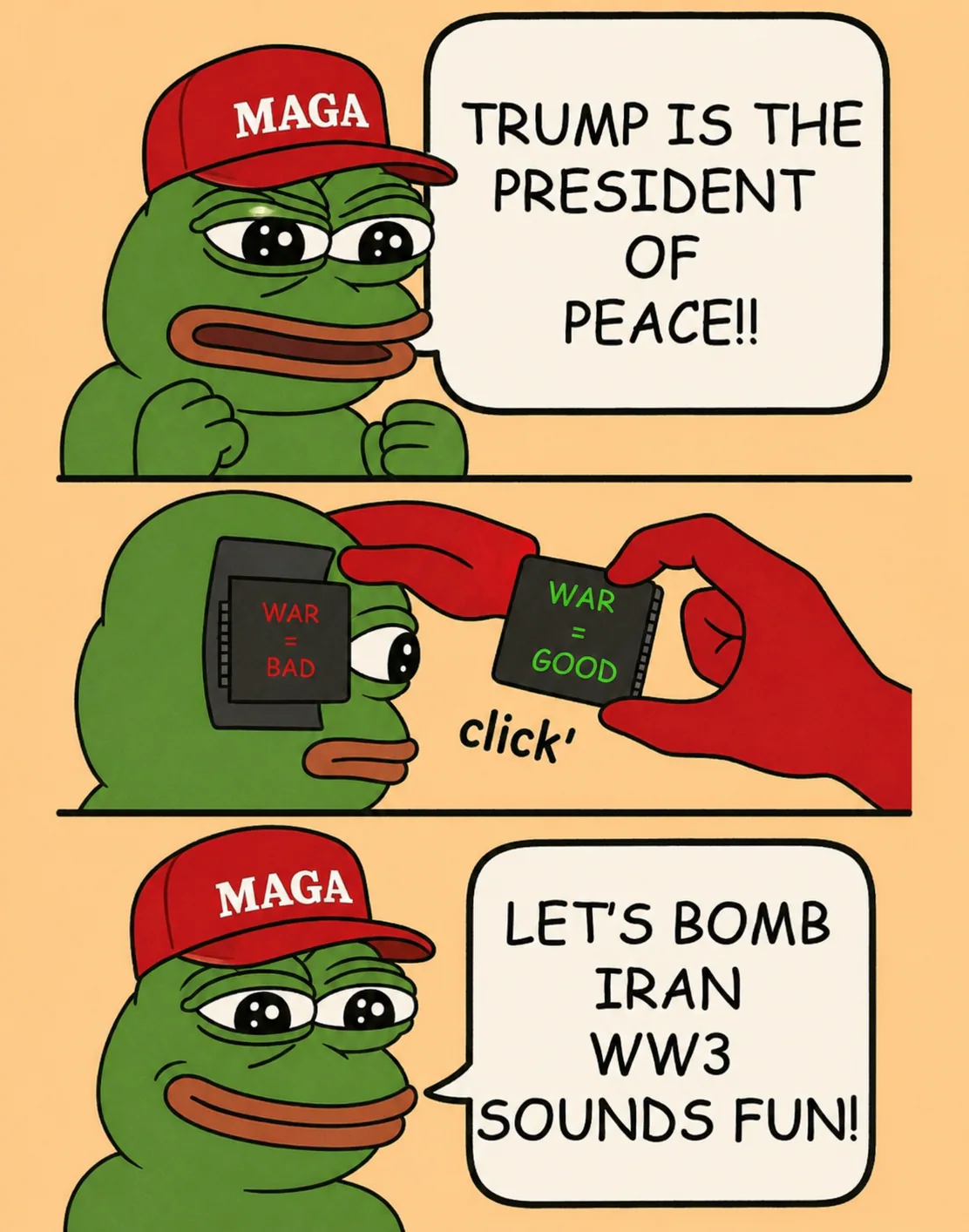 A three-panel satirical cartoon about a frog instantly switching narratives.