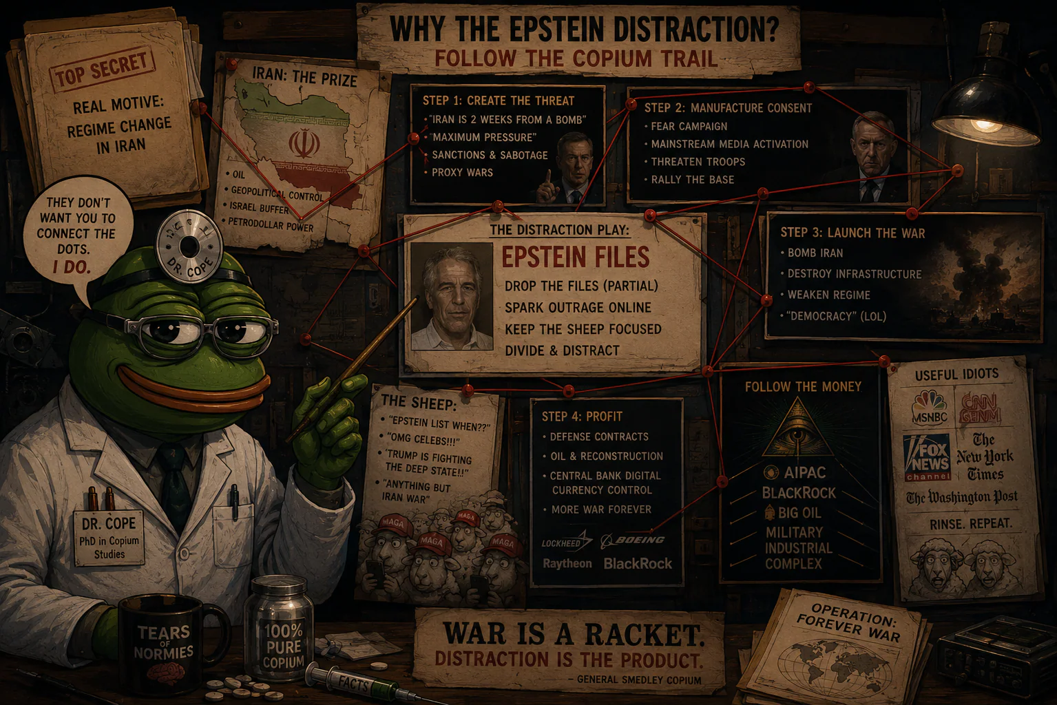 A satirical Dr. Cope red-string conspiracy board cartoon.