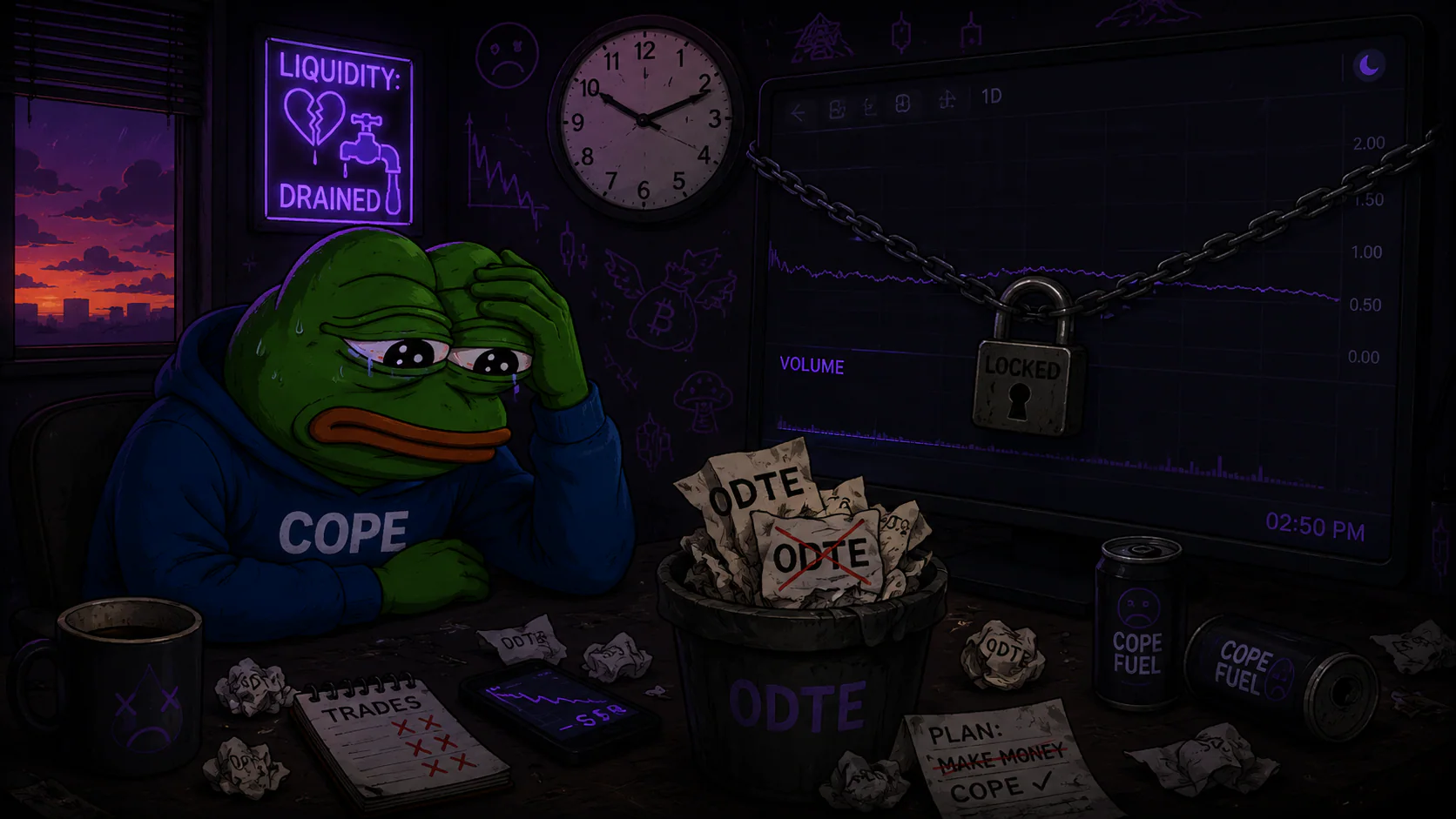 A stressed frog at a trading desk after liquidity drains and the ODTE chart locks.