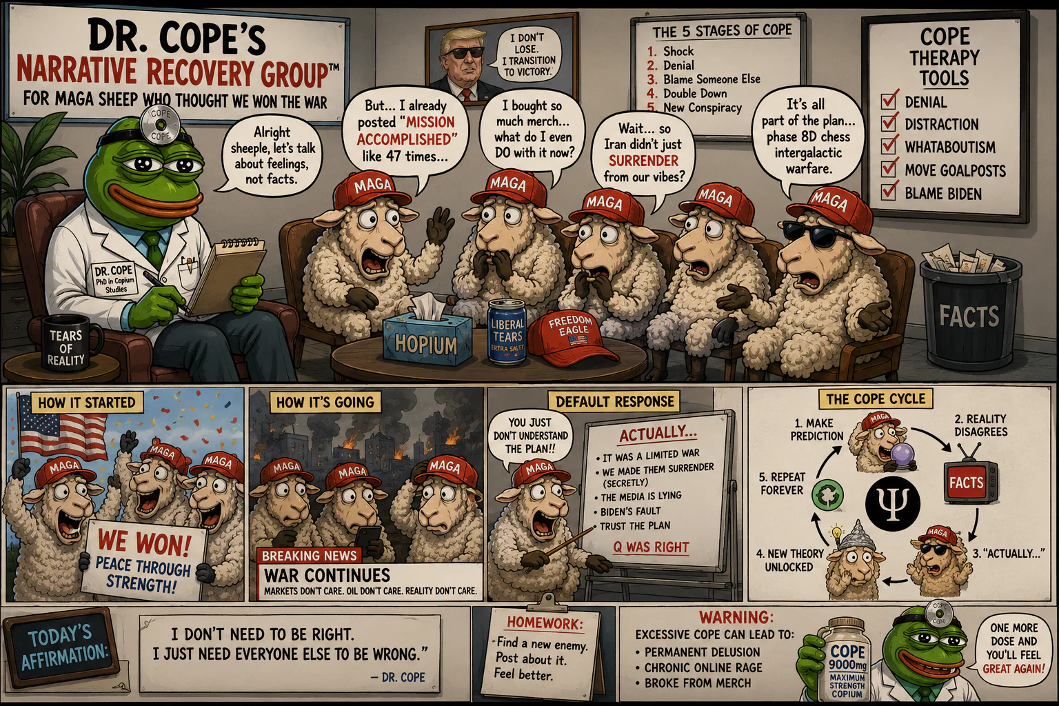 Dr. Cope leads a fictional narrative recovery group through the stages of cope.