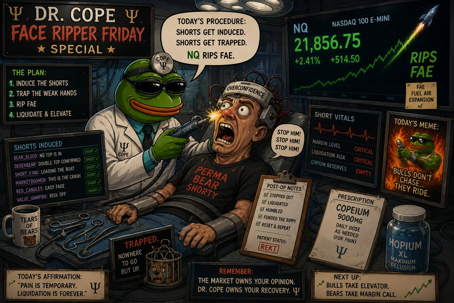 Dr. Cope performs a satirical Face Ripper Friday procedure on an overconfident short trader while NQ rallies.