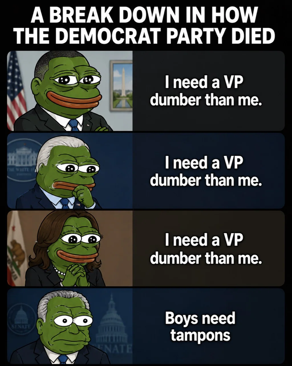 A four-panel frog political satire about Democratic presidential candidates selecting vice presidents.