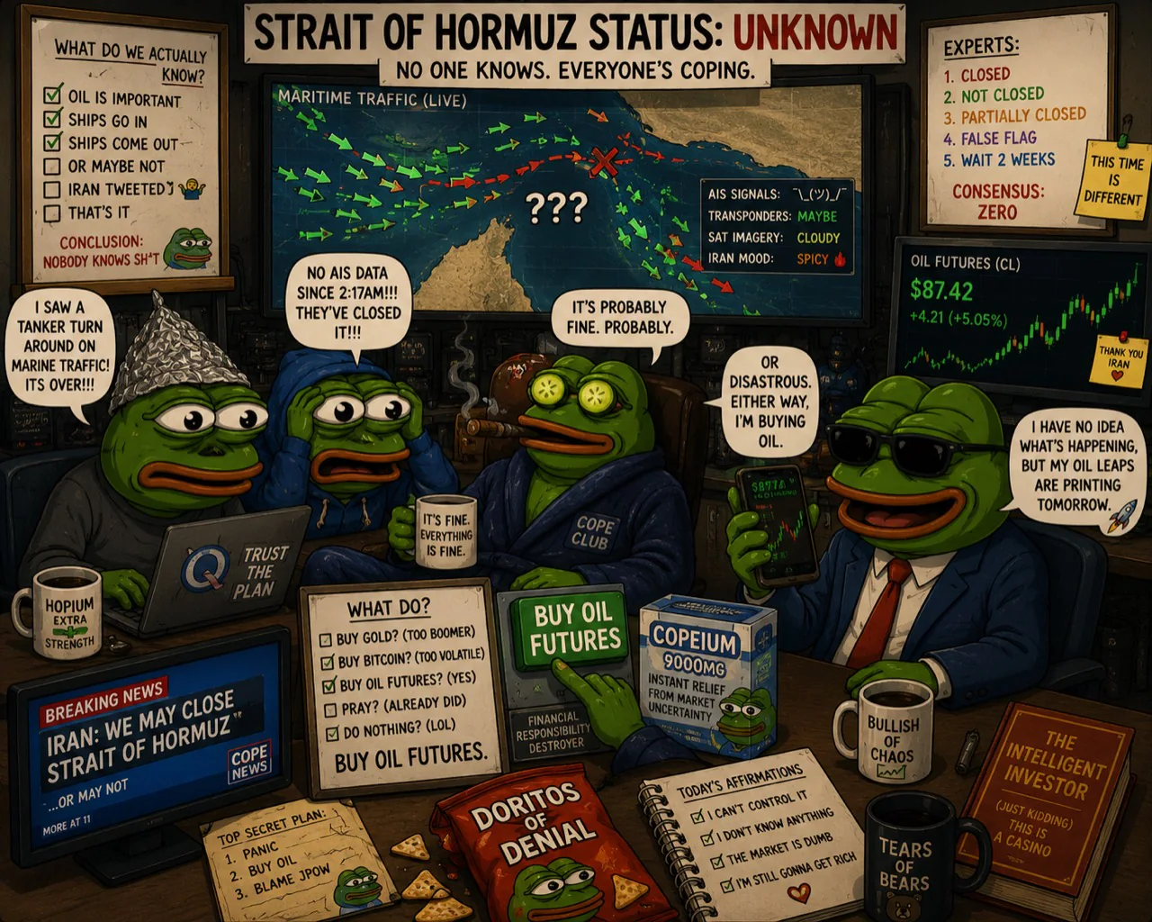 A satirical Macrocope trading desk where confused frog analysts debate the Strait of Hormuz and buy oil futures without certainty.