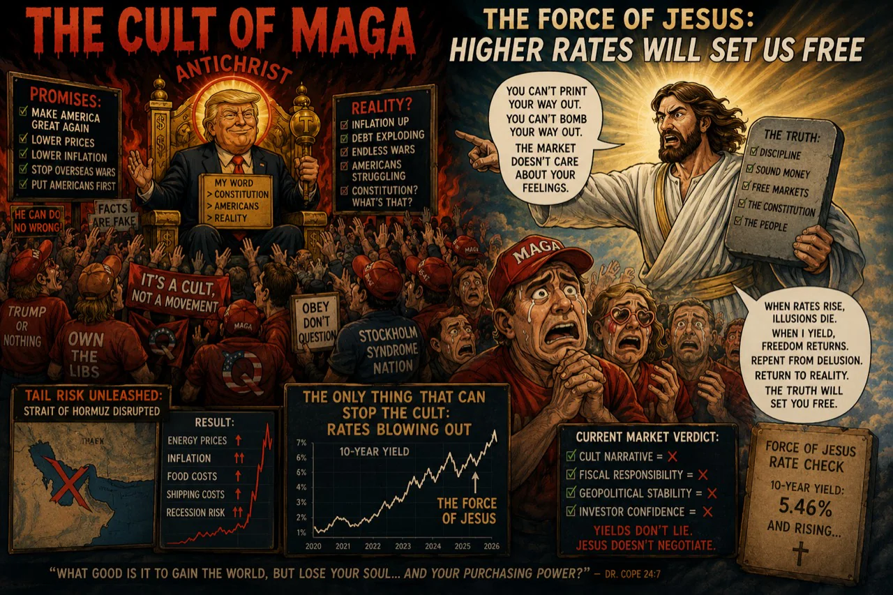 A satirical political cartoon contrasting a MAGA rally with rising rates, fiscal discipline, and bond-market reality.