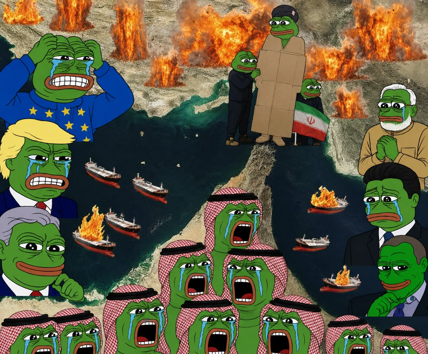 A satirical collage of crying political frog characters surrounding a burning shipping lane near Iran and the Strait of Hormuz.