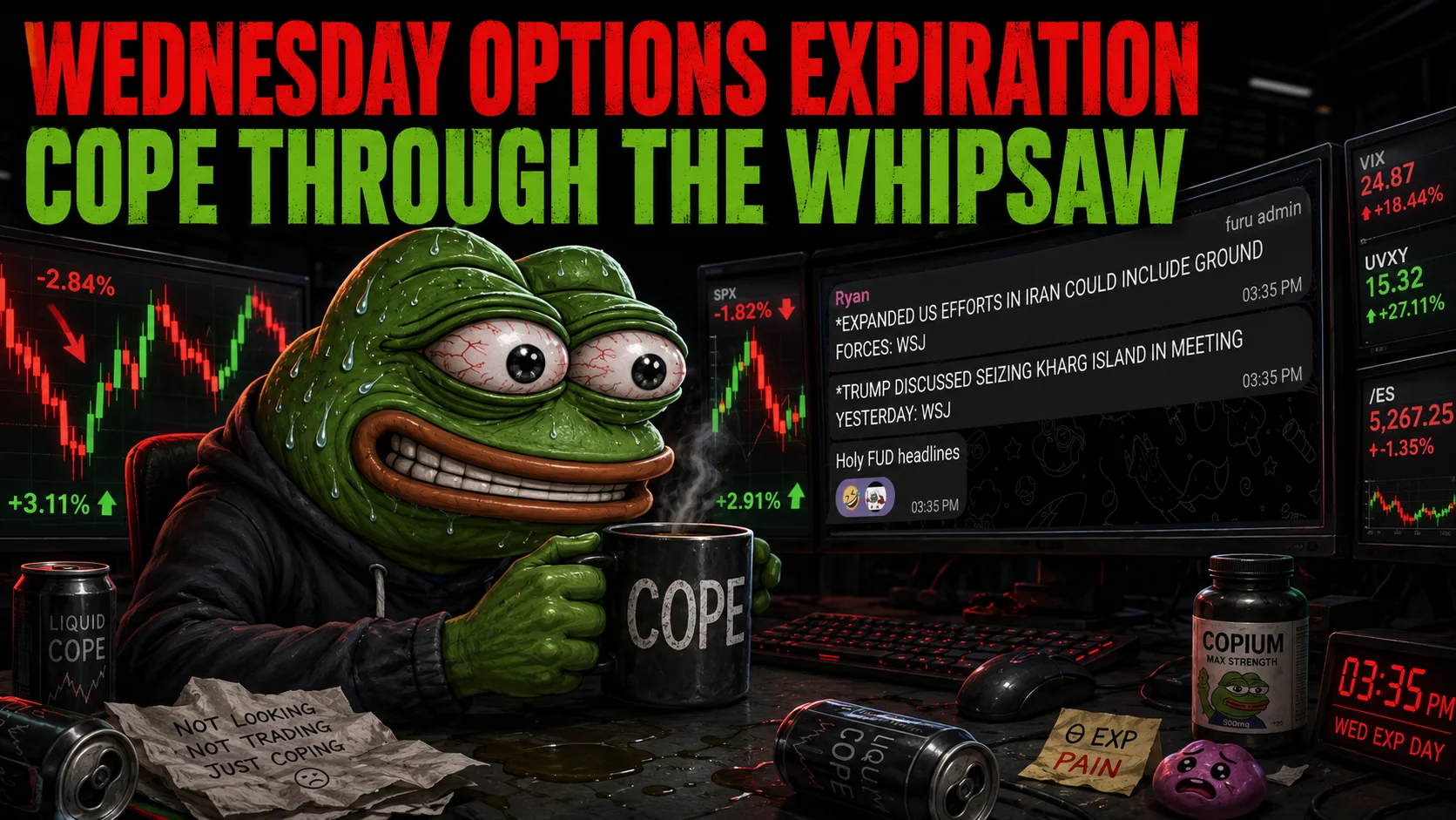 A sweating frog trader at a multi-monitor desk during Wednesday options expiration, surrounded by volatile charts and geopolitical headlines.