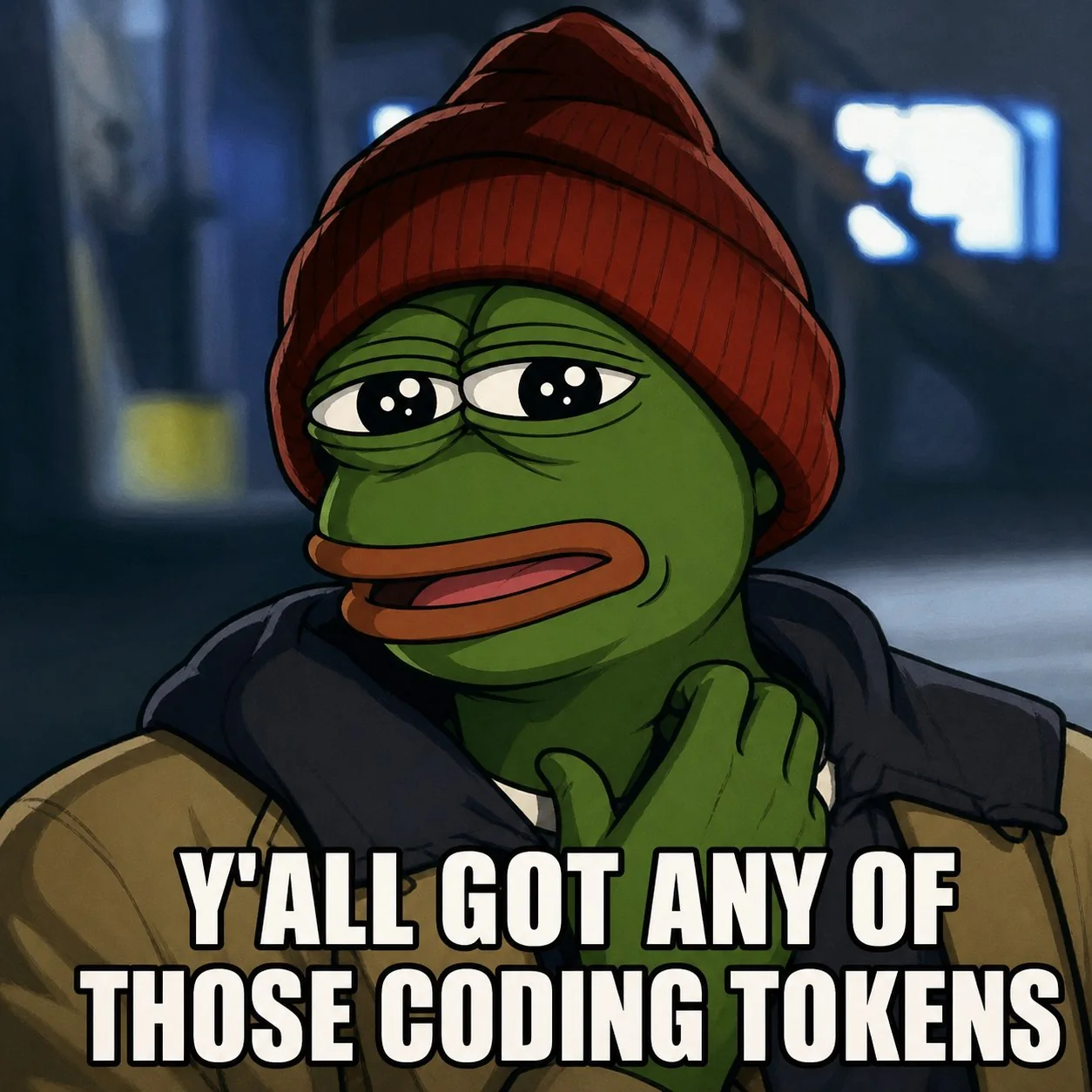 A tired frog in a red beanie asks whether anyone has any coding tokens.
