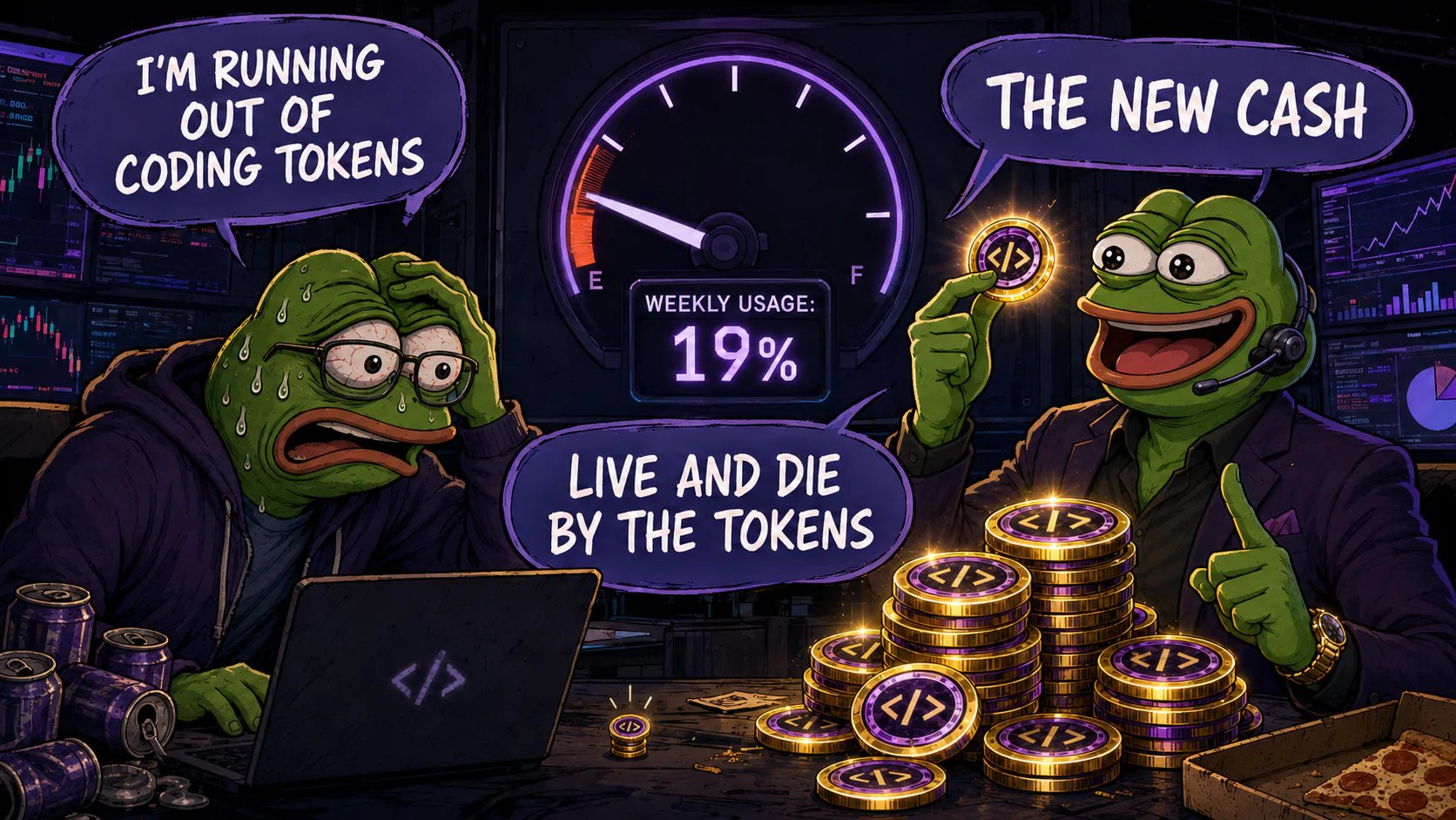 Two frog developers at a trading desk compare low weekly coding-token usage with stacks of glowing code coins labeled the new cash.